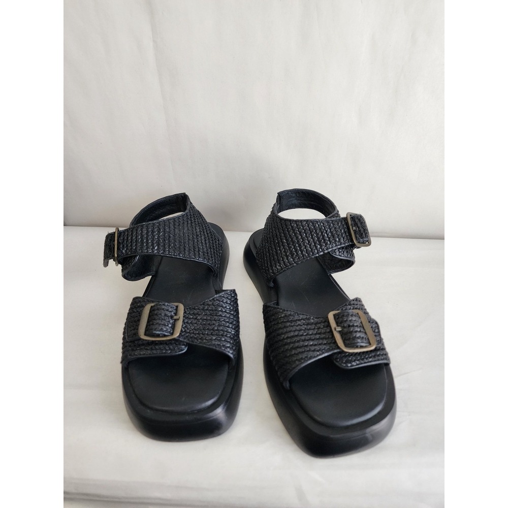 Free People Shoes Size 8.5 Black Woven Raffia Platform Buckle Sandals Square Toe